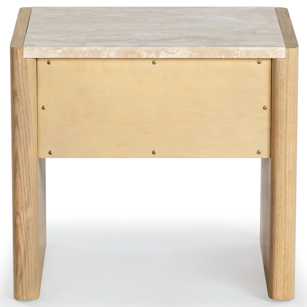 Front view of a minimalist modern nightstand with a beige marble top, natural wood frame and rounded legs, featuring a single light-wood drawer with visible fasteners.