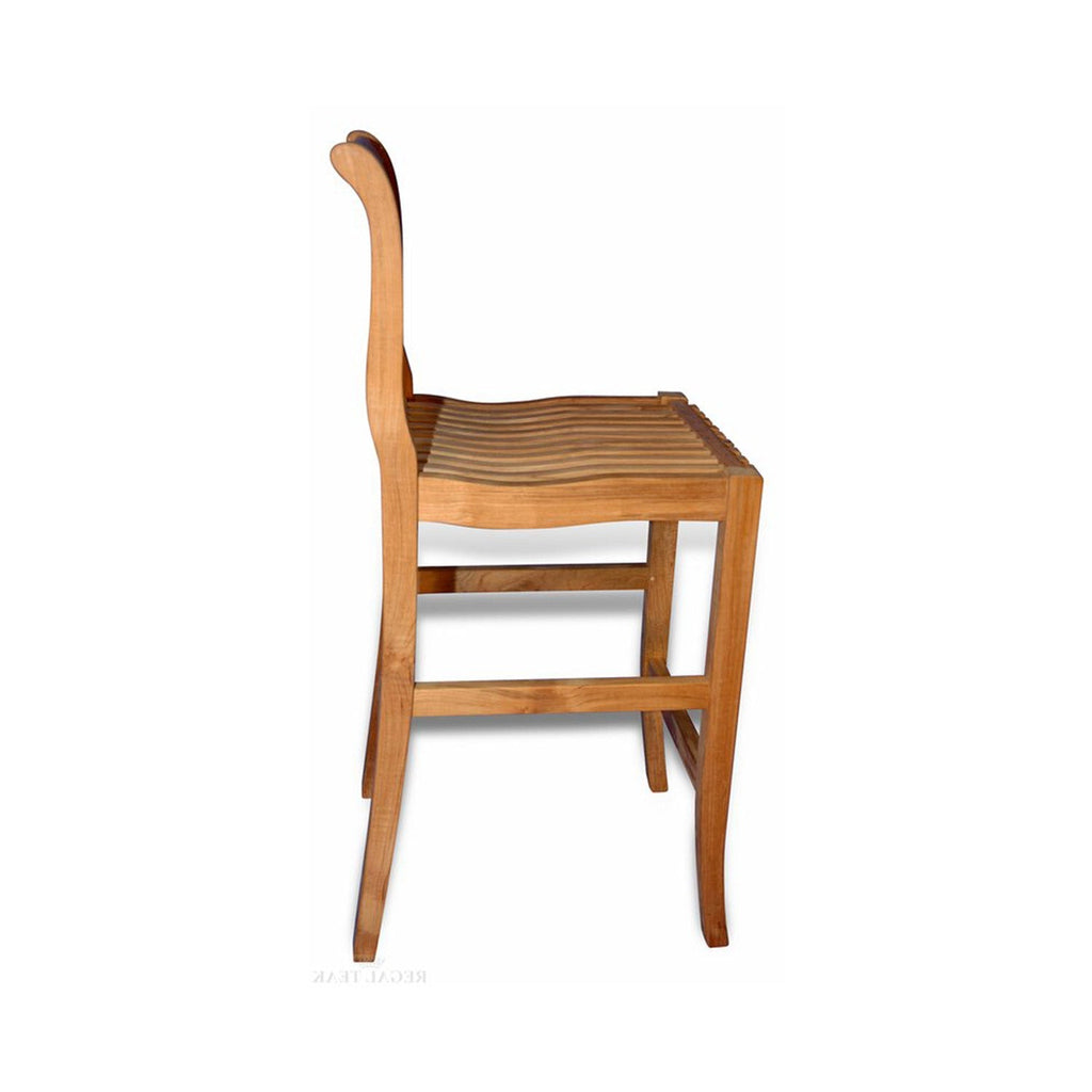 Side view of an armless outdoor bar stool in natural teak with a slatted contoured seat, low curved backrest, square legs and horizontal footrest rails.