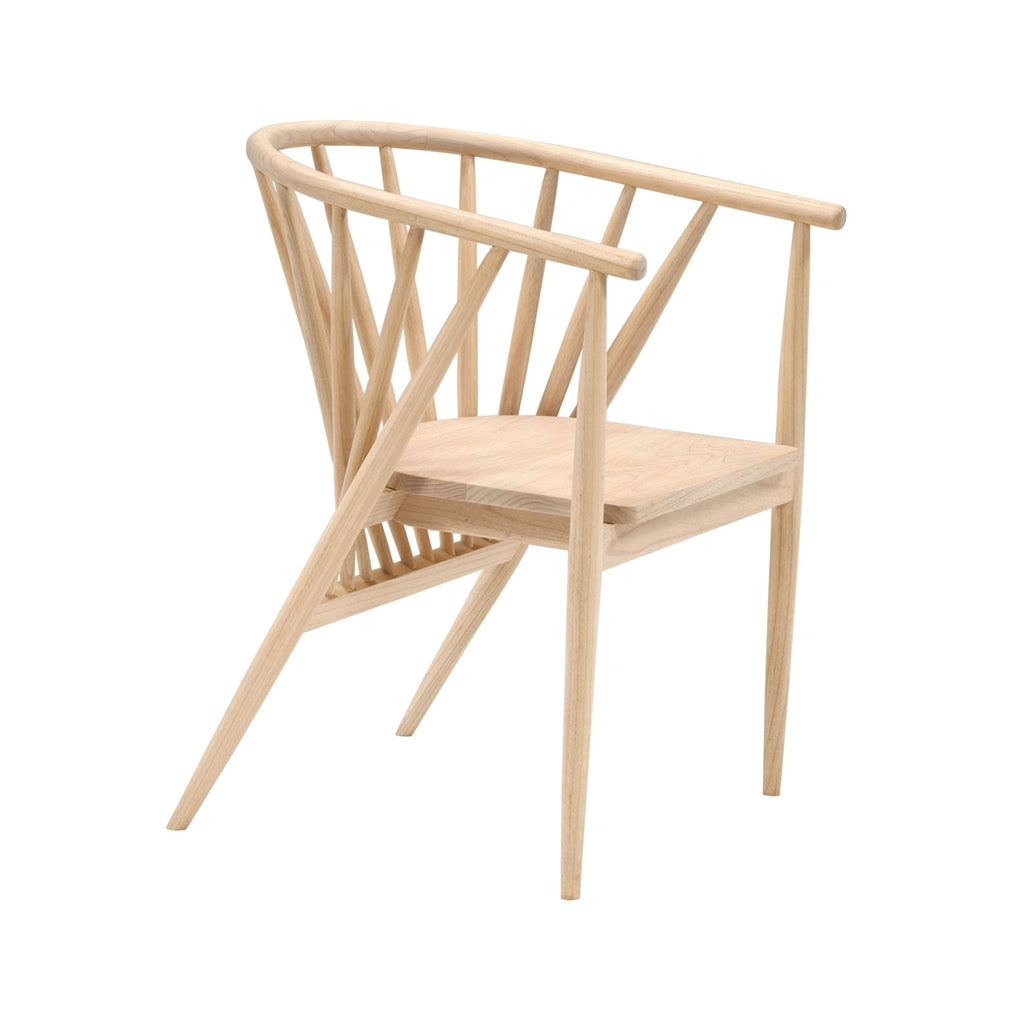 Light natural teak dining chair with rounded spindle back and integrated armrests, tapered legs and flat wooden seat, mid-century modern silhouette on a white background.