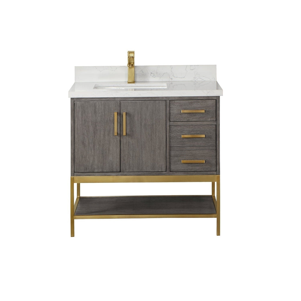 36-inch modern freestanding solid wood bathroom vanity in stone-gray finish with white stone countertop and integrated sink, brass faucet and handles, three drawers, double-door cabinet and gold metal open shelf base.
