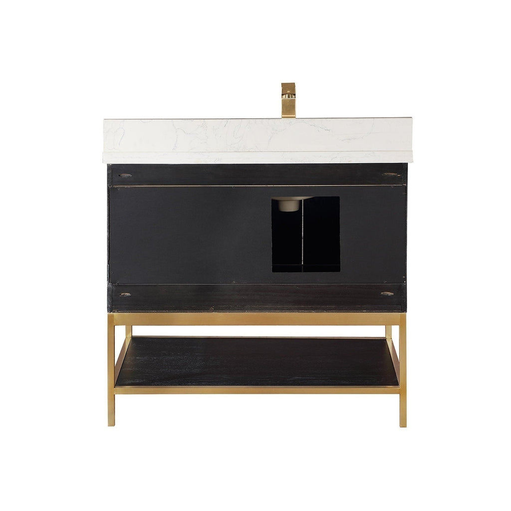 Front view of a modern 36-inch freestanding single-sink vanity with a white stone top, black solid wood cabinet with visible plumbing cutout, gold metal frame and open lower shelf with a gold-tone faucet.