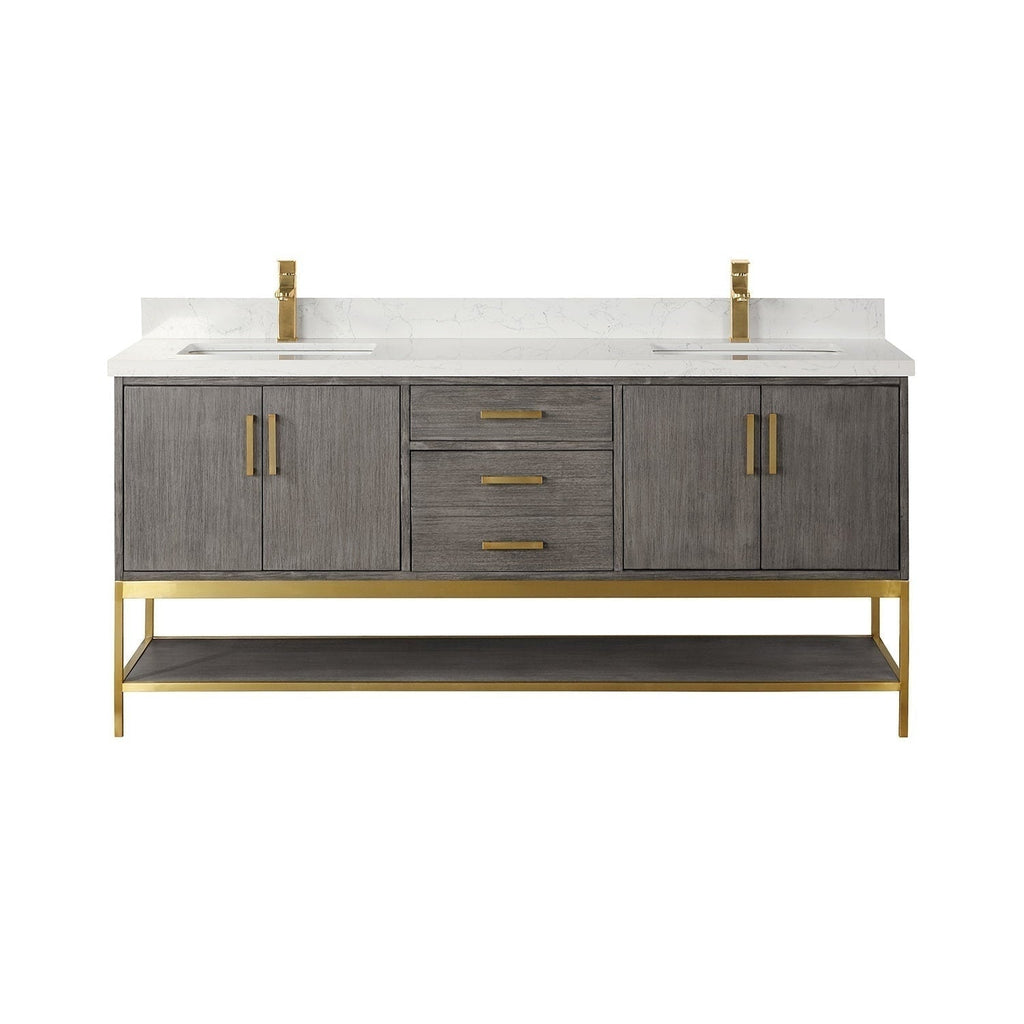 72-inch modern solid wood double-sink vanity in a stone finish with white stone countertop, integrated undermount sinks, gold faucets and hardware, three center drawers, two cabinets and a gold metal open shelf base.
