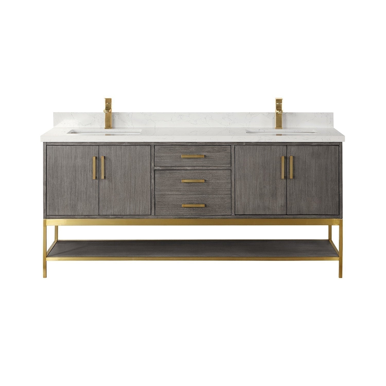 72-inch modern solid wood double-sink vanity in a stone finish with white stone countertop, integrated undermount sinks, gold faucets and hardware, three center drawers, two cabinets and a gold metal open shelf base.