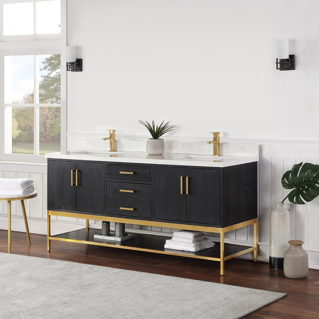 72-inch freestanding modern solid wood double-sink vanity with white stone countertop, dark wood cabinet, gold faucets and hardware, open gold metal base shelf styled with towels and a small plant.