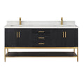 72-inch modern solid wood double-sink bathroom vanity with white stone countertop and low backsplash, dark stained wood cabinet, gold-tone faucets and hardware, three center drawers and an open lower shelf.