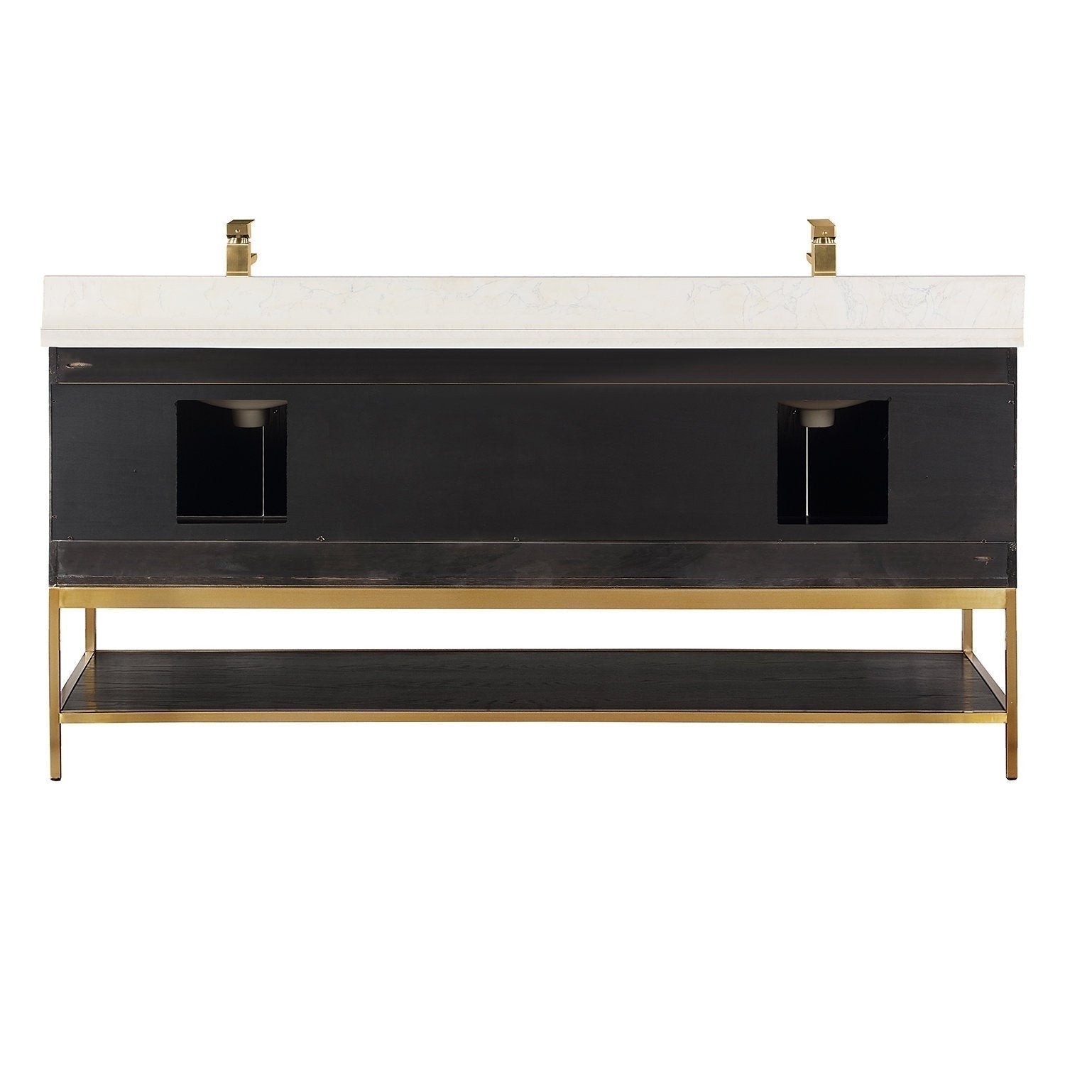 Modern 72-inch solid wood double-sink vanity shown front-on with a stone countertop, two gold faucets, dark wood freestanding base and open lower shelf; two sink cutouts visible.