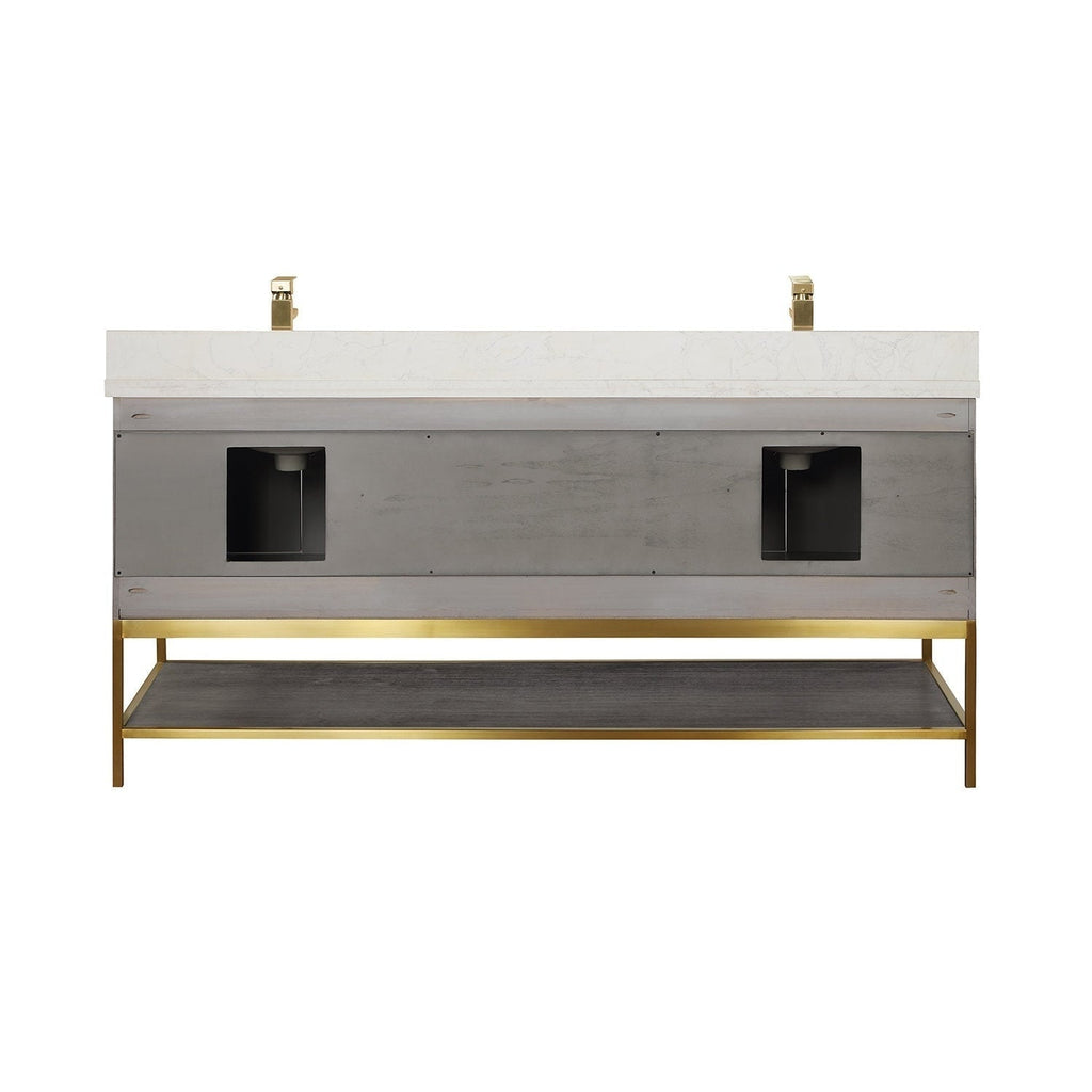 Front view of a 72-inch modern freestanding double-sink vanity with white stone top, two gold square faucets, gray solid-wood cabinet with recessed plumbing access openings and an open lower shelf on a gold metal base.