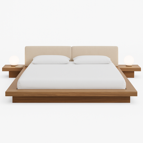 Front view of a low solid oak Japandi platform bed with a beige split upholstered headboard, crisp white bedding, integrated floating oak nightstands and glowing round globe lamps on a white background.