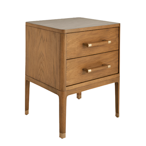 Solid walnut wood two-drawer nightstand with rounded corners, tapered legs, brass bar handles and brass leg caps, shown against a white background in a glam bedroom style.
