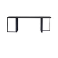 Minimalist modern console table with a mahogany-black wood top and black steel rectangular open-frame legs, shown on a plain white background.