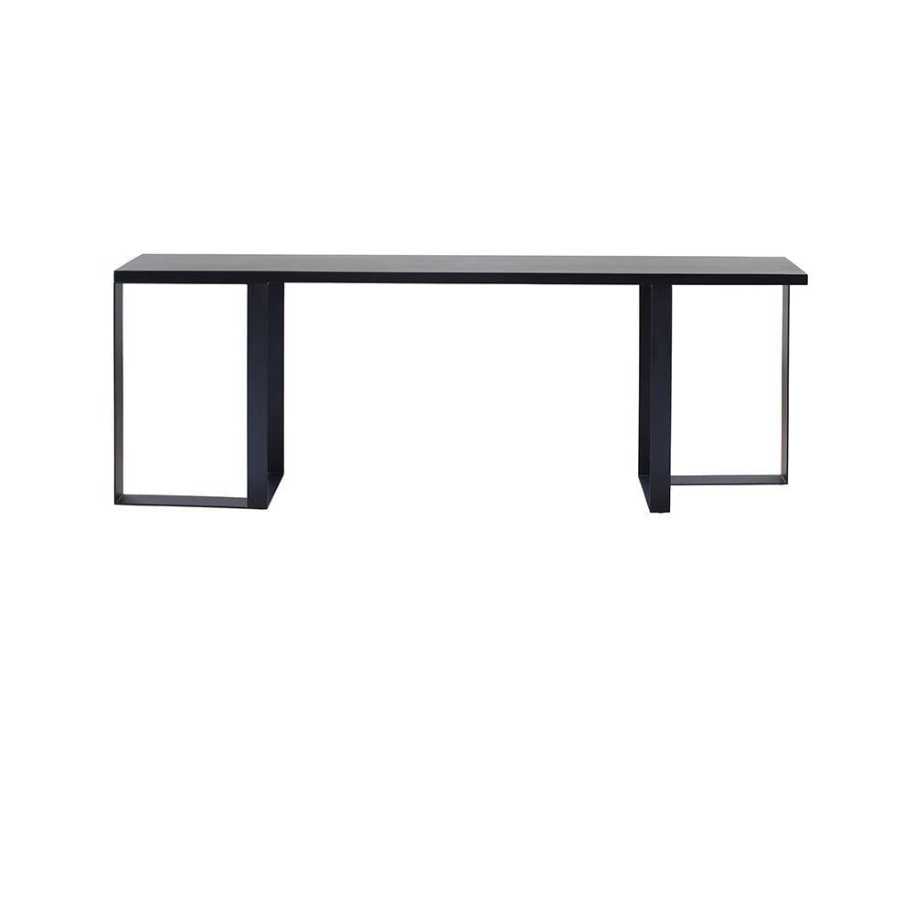 Minimalist modern console table with a mahogany-black wood top and black steel rectangular open-frame legs, shown on a plain white background.