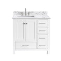 Modern 36-inch freestanding bathroom vanity with solid wood white base, stone marble-look countertop and integrated rectangular ceramic sink, chrome faucet, shaker-style double doors and stacked drawers on the right.