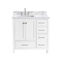 Modern 36-inch freestanding bathroom vanity with solid wood white base, stone marble-look countertop and integrated rectangular ceramic sink, chrome faucet, shaker-style double doors and stacked drawers on the right.