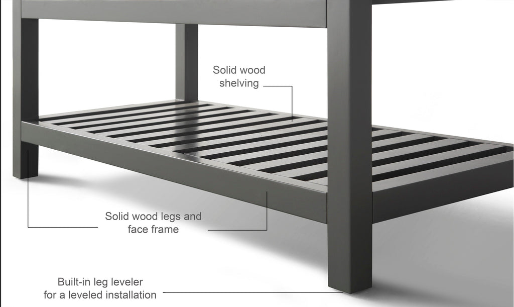 Close-up of a stone-colored modern bathroom vanity showing the solid wood slatted lower shelf, square wood legs and face frame, with visible slats and a built-in leg leveler for a leveled installation.
