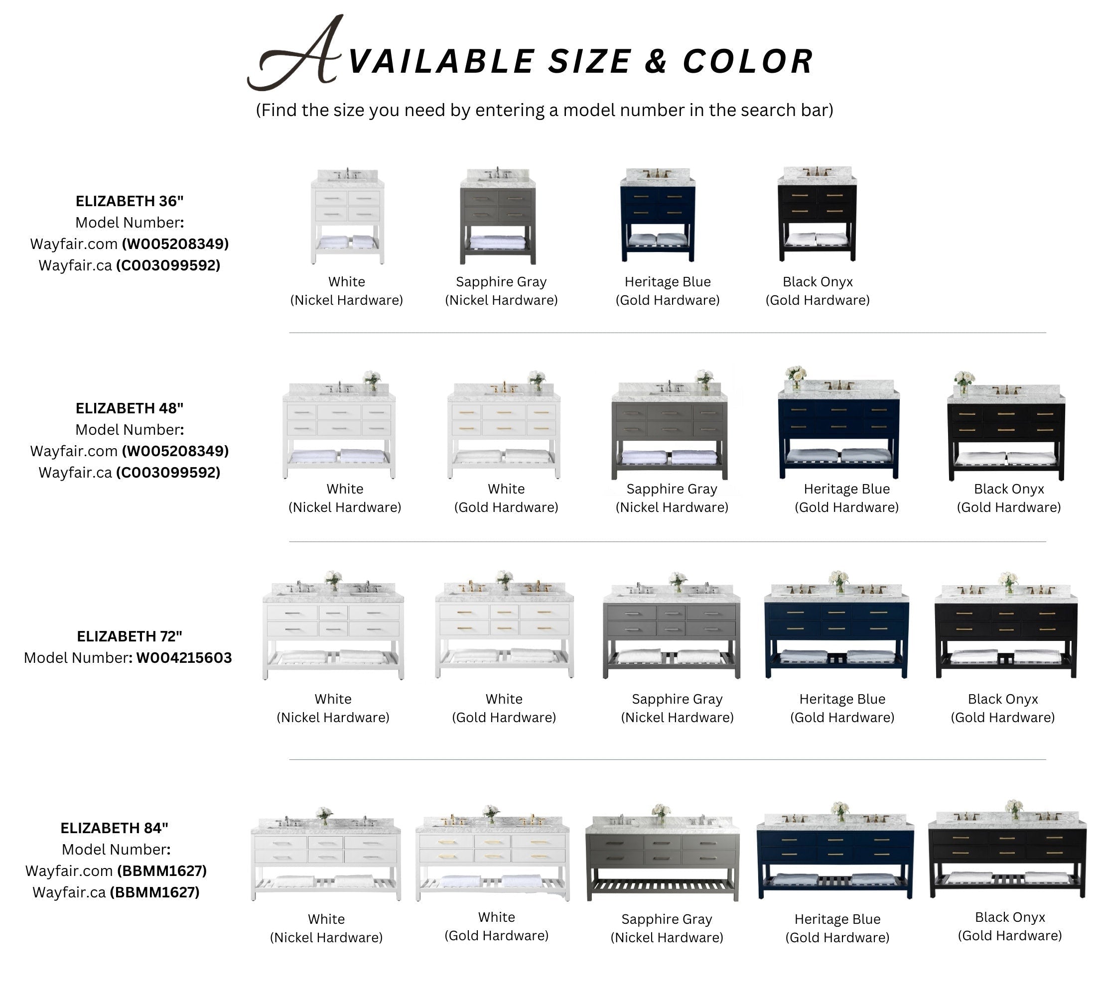 Grid showing Elizabeth bathroom vanities in 36, 48, 72 and 84 inch sizes with finishes in white, sapphire gray, heritage blue and black onyx, nickel or gold hardware, solid wood construction and stone tops in a modern style.