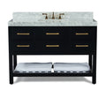 48-inch freestanding modern bathroom vanity with white marble top and integrated single sink, black solid wood base with six drawers, brushed gold bar handles, and an open slatted shelf holding two folded light-gray towels.