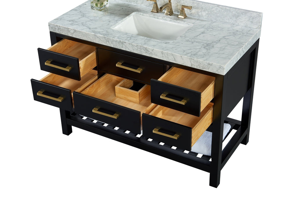 48-inch single-sink bathroom vanity with white marble stone top and undermount ceramic sink; black solid wood freestanding base with brass handles, six open natural-wood drawers and a lower slatted shelf.