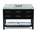 48-inch freestanding modern bathroom vanity with white marble top and integrated single sink, black solid wood base with six drawers, brushed gold bar handles, and an open slatted shelf holding two folded light-gray towels.