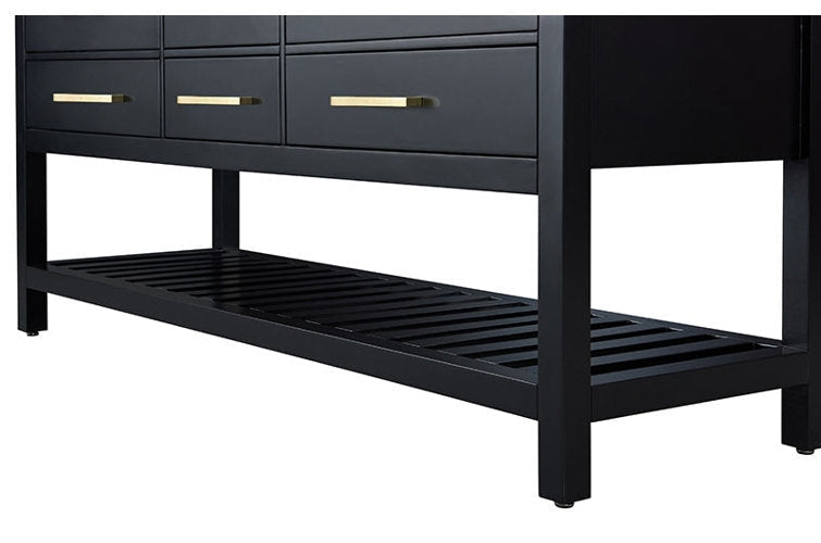 Close-up of the lower section of a 60-inch solid wood stone-finish vanity showing three drawers with brushed gold pulls, a slatted open shelf and square legs in a modern contemporary style.