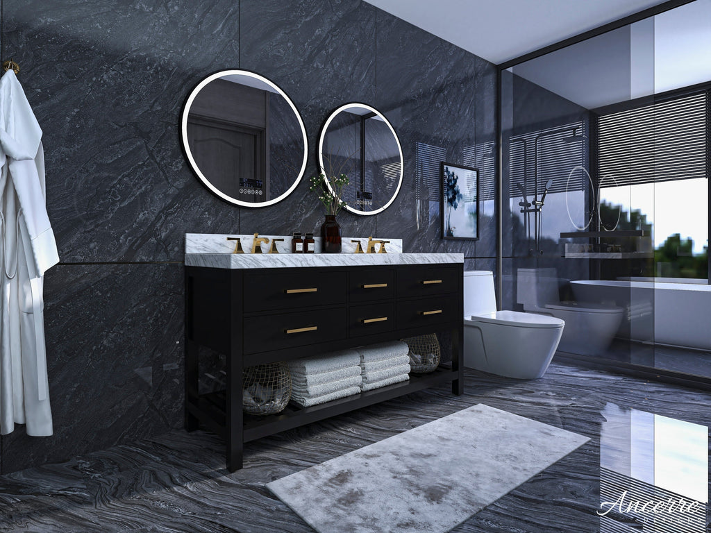 Modern 60-inch solid wood double-sink vanity in black with a stone marble top, brass faucets and two round LED mirrors over ceramic sinks, freestanding with open shelf towel storage in a dark stone-finished bathroom.