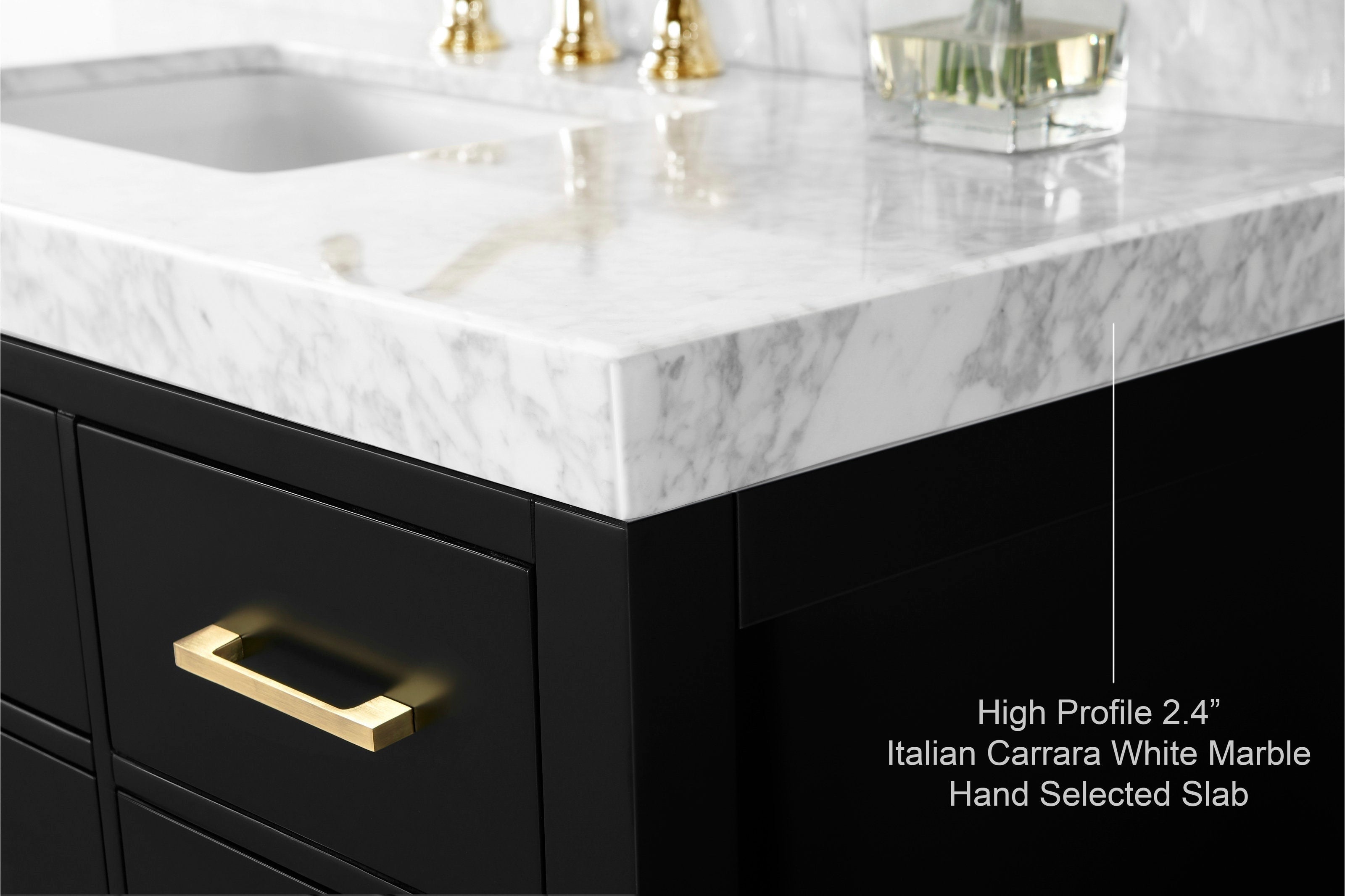 Close-up of a 2.4-inch high-profile Italian Carrara white marble stone top on a black solid wood vanity, highlighting the polished marble edge and a brushed gold rectangular drawer pull.