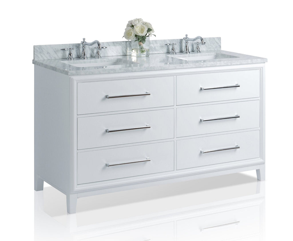 60-inch freestanding white solid wood bathroom vanity with stone marble top and backsplash, two rectangular undermount sinks, chrome widespread faucets and six drawers with long chrome bar pulls.