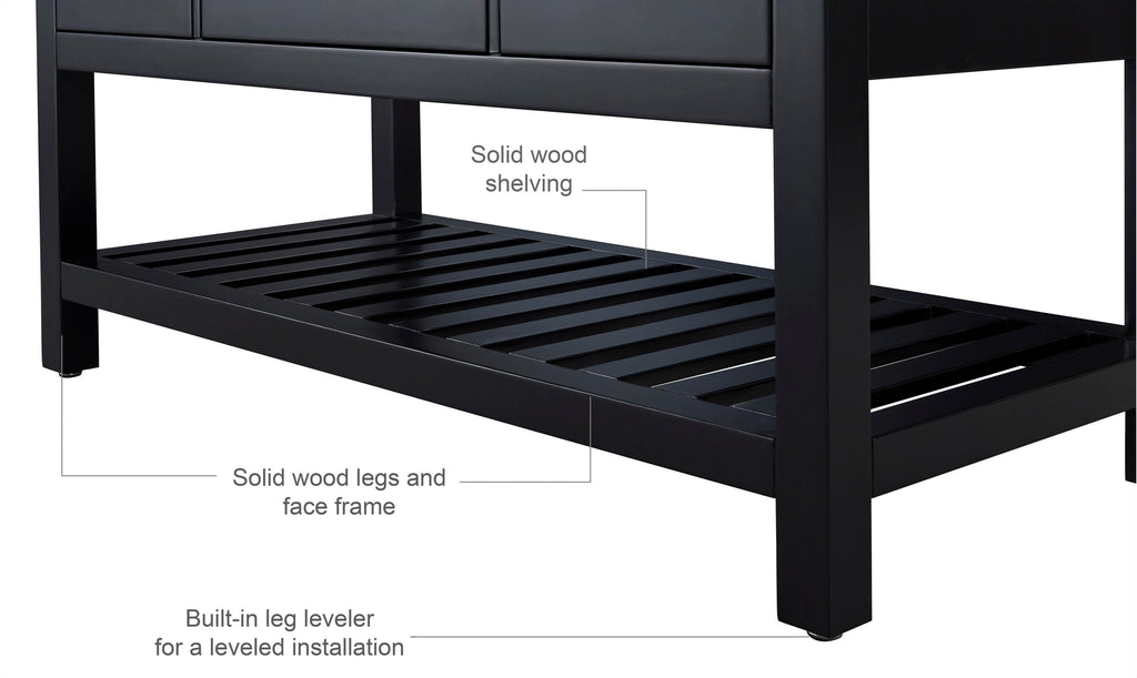 Close-up of a modern stone-colored double-sink vanity showing solid wood slatted lower shelf, solid wood legs and face frame finished in a dark tone with a built-in leg leveler for a leveled installation.