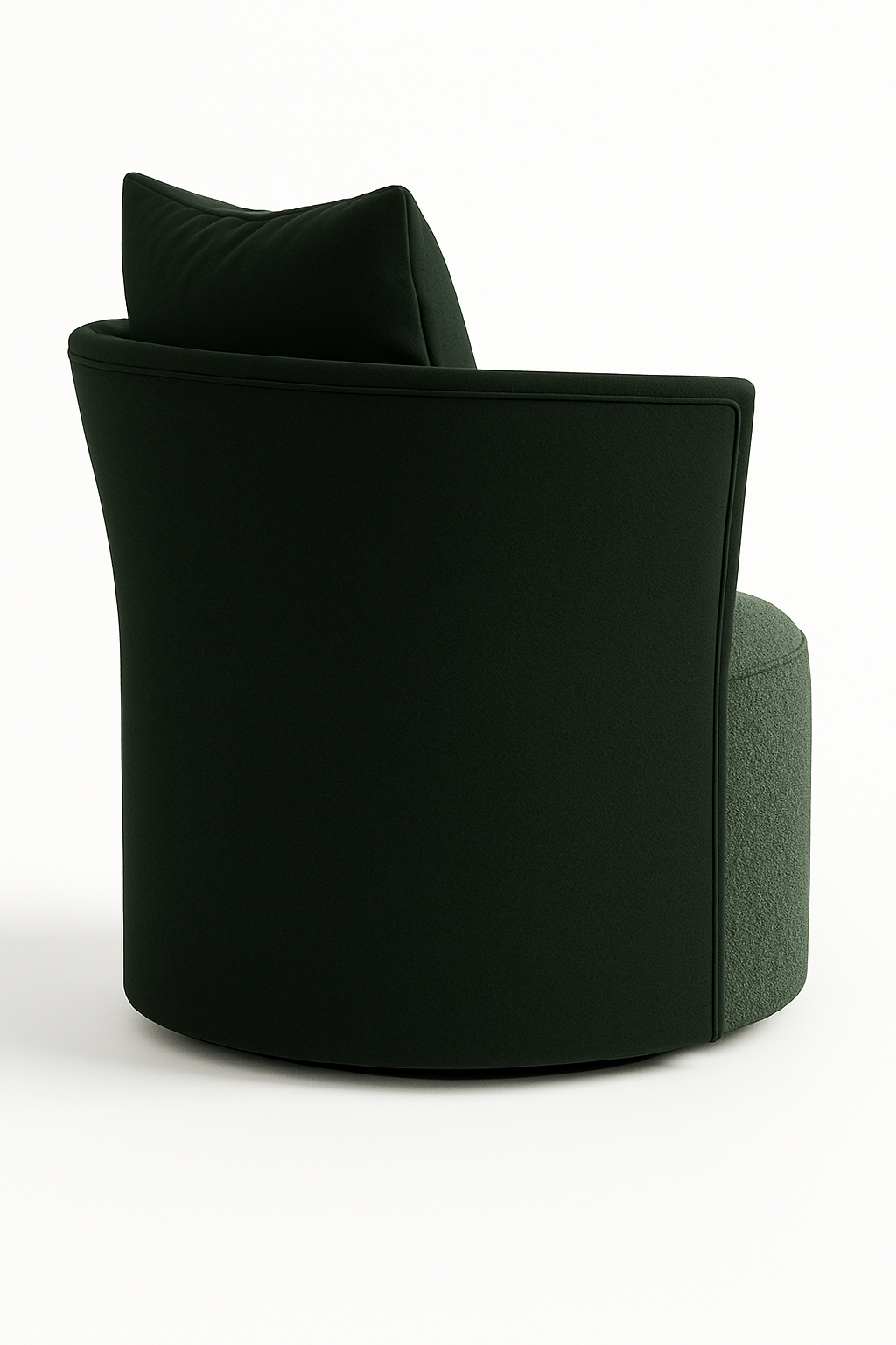 Rear three-quarter view of a dark green wool swivel accent chair with a curved leather-trimmed frame and matching cushioned back pillow against a white background.