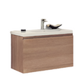 Modern floating single-sink bathroom vanity in natural solid wood with a white stone top, single-hole faucet and rectangular undermount sink.