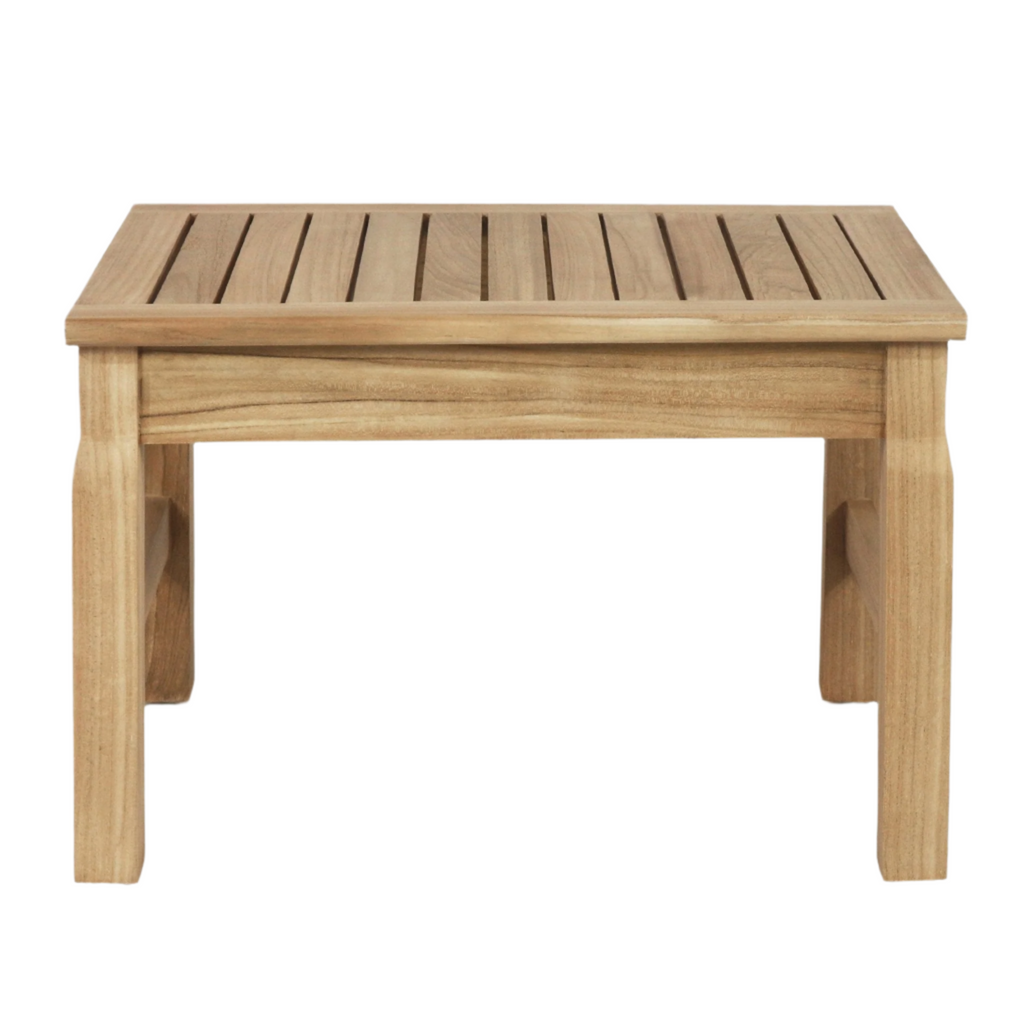 Front view of a mid-century modern teak shower bench in natural finish, showing a slatted rectangular top and four solid wood legs, a compact stool for bathroom seating or holding shower accessories.