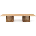 Long rectangular dining table in natural oak with a slim solid-wood top supported by two cube-shaped lattice pedestal bases, modern minimalist design.