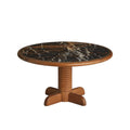 Round teak pedestal dining table with dark black-and-brown marble top and white veining, ribbed central column and four curved wooden feet, contemporary style, shown on a white background.