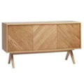 Blonde natural wood Nordic sideboard with three chevron-patterned doors, minimalist rectangular top, and angled mid-century modern legs.