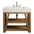 Front view of a modern 36-inch freestanding bathroom vanity in natural solid wood with a white stone integrated rectangular sink top, open double-shelf base and a brushed nickel widespread faucet.