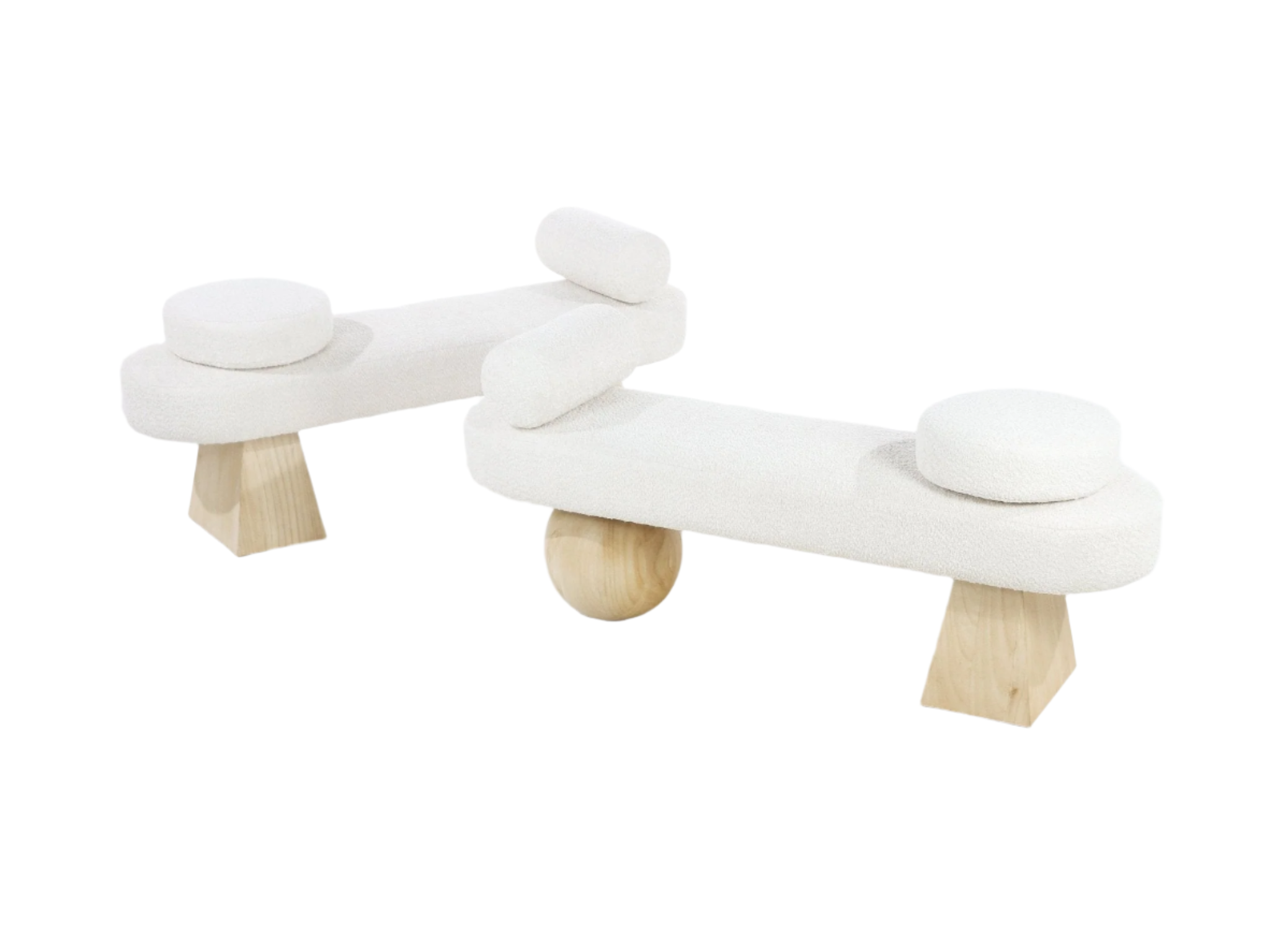 Backless white boucle upholstered end-of-bed bench with round bolster cushions and natural light wood geometric legs, shown from two angles on a white background.