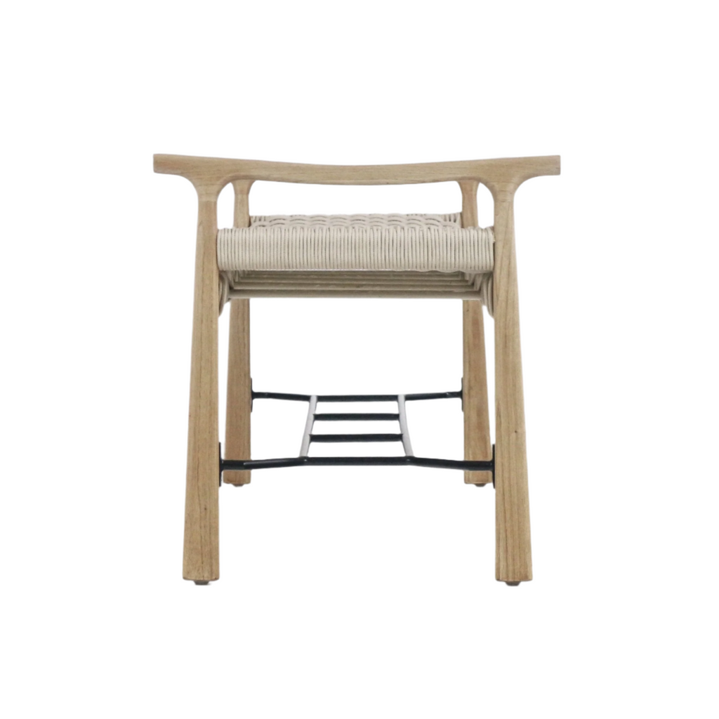 Front view of a modern natural wood entryway bench with a woven beige rope seat and black metal shoe rack underneath, showing tapered legs and low back support.