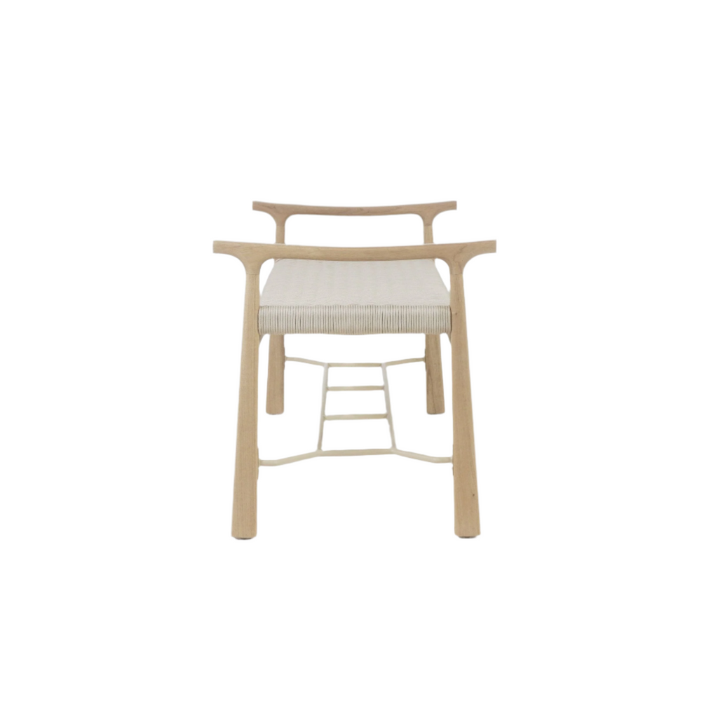 Front view of a natural wood entry bench with a light beige woven rope seat, low curved back and slim arms, plus a white metal ladder-style stretcher between the legs.