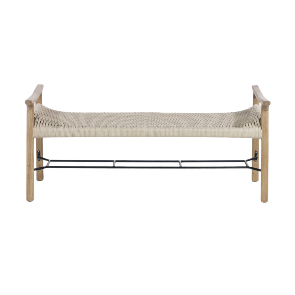 Beige woven rope-seat entryway bench with a natural wood frame, short curved armrests and a black metal shoe rack underneath, photographed on a white background.