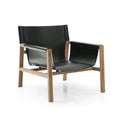 Mid-century modern lounge chair with a natural teak wood frame and black leather sling seat, back and arm slings; low-profile accent chair shown on a white background.