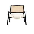 Front view of a modern mahogany wood lounge chair with a woven cane backrest and a cushioned ivory fabric seat, low-profile silhouette with curved armrests and angled legs on a white background.
