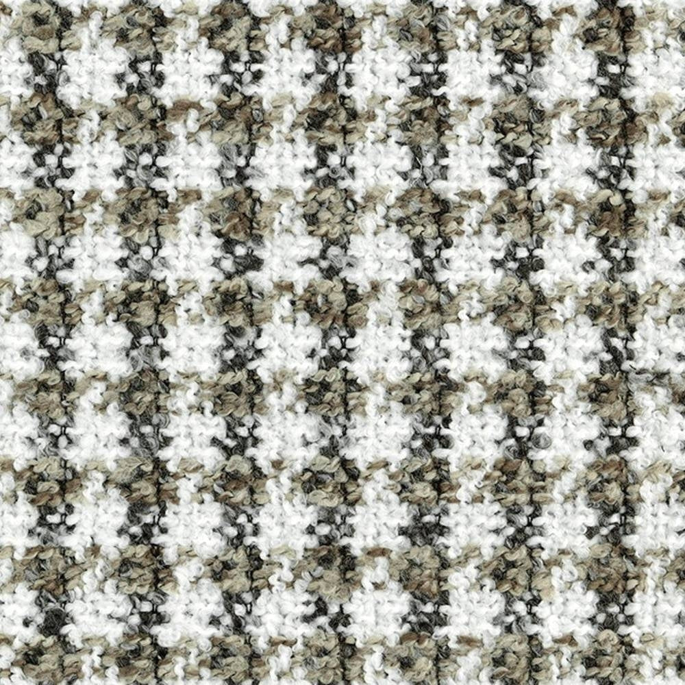 Close-up of white, beige and gray boucle upholstery fabric showing a small check grid and looped texture; 70% acrylic, 30% polyester fabric suited for contemporary sofas.