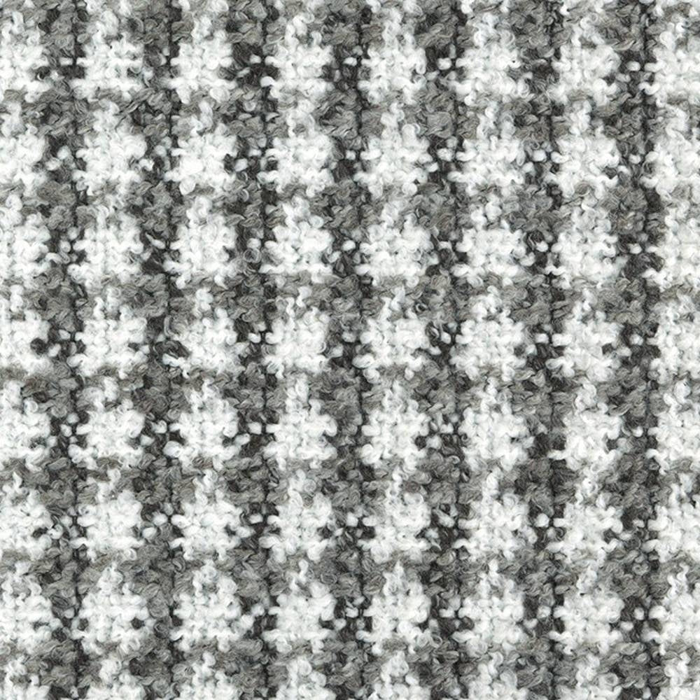 Close-up of gray and white boucle upholstery fabric in a small-scale check pattern, 70% acrylic and 30% polyester, showing textured looped yarn ideal for contemporary sofa upholstery.