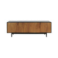 Long mid-century modern teak sideboard with four natural teak doors set in a slim black metal frame and tapered black legs, offering low-profile storage for living rooms.
