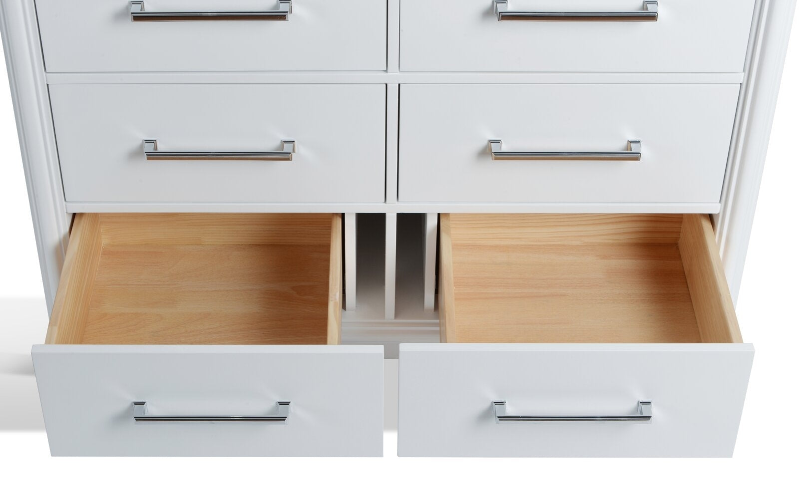 Close-up of a modern stone-colored single-sink vanity showing two open lower drawers with white painted solid wood fronts, chrome bar handles and natural wood interiors with a central partition for plumbing.