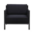 Front view of a modern black fabric-upholstered lounge chair with a solid wood frame, straight square arms and thick seat and back cushions on a white background.