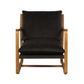 Front view of an olive-green velvet upholstered accent chair with a solid oak frame, angled wooden arms and plush seat and back cushions in a mid-century modern style.
