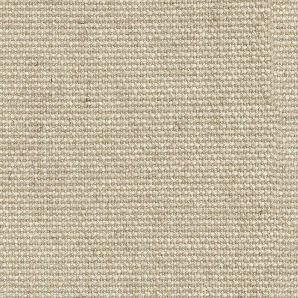 Close-up of a neutral beige woven upholstery fabric swatch showing tight basket-weave texture and subtle slub variations; composed of viscose, linen, acrylic and polyester.