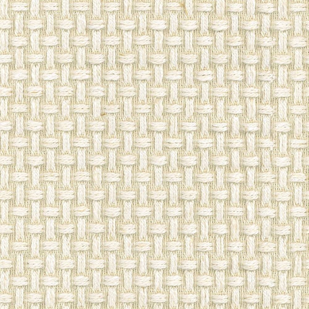 Close-up of cream basketweave upholstery fabric showing textured woven yarns; 30% linen, 65% viscose, 5% polyester blend suitable for contemporary sofas.