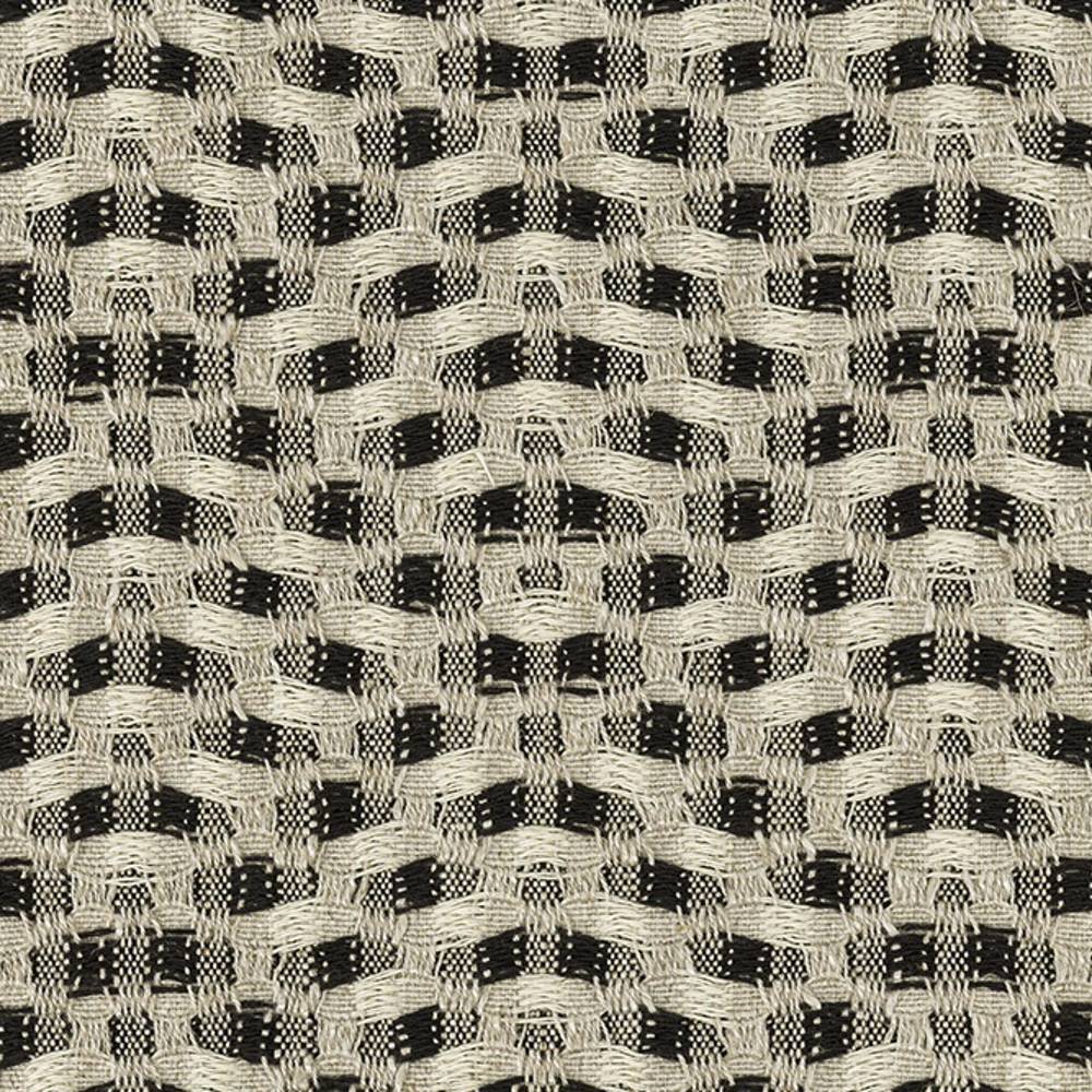 Close-up of a textured woven upholstery fabric showing a cream and black wave-like checker pattern, made from a linen, rayon and polyester blend for sofa and contract use.
