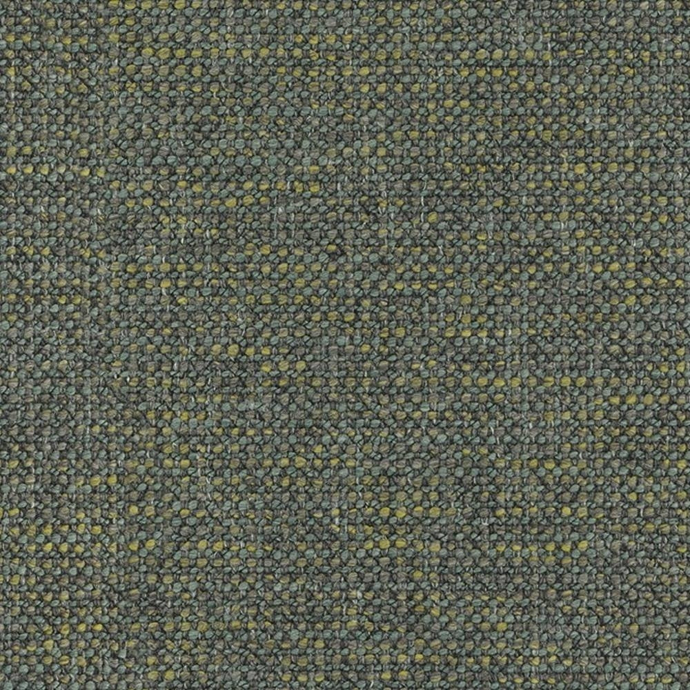 Close-up of textured boucle upholstery fabric in muted olive and beige tones showing tight woven loops and subtle yellow flecks; wool, linen, acrylic and polyester blend for modern sofas.